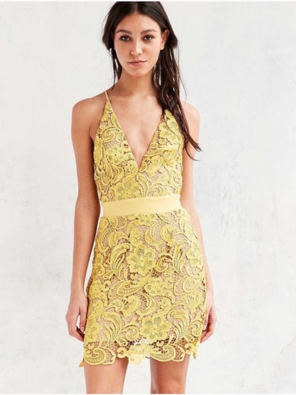 Dress the Population Yellow Lace V-Neck Mini Dress